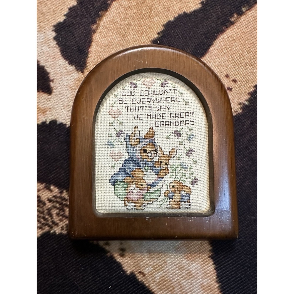 Great Grandma Bunny Needlepoint Cottagecore Wall Hanging Wooden Frame‎
